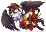  1girl bandana black_gloves black_wings boots breasts brown_footwear brown_headwear cleavage commentary_request copyright_name cowboy_hat fingerless_gloves full_body game_cg gloves hat kozakura_(dictionary) kurokoma_saki long_hair looking_at_viewer multicolored_clothes off_shoulder pegasus_wings ponytail red_eyes simple_background solo touhou touhou_danmaku_kagura white_background white_bandana wings 