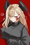  1girl black_horns black_sweater breasts fangs fate/grand_order fate_(series) heart highres horn/wood horns nero_claudius_(fate) pointy_ears queen_draco_(fate) red_background red_eyes solo spoken_heart sweater tagme 
