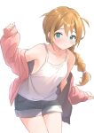  :o absurdres armpits b1ack_illust baba_konomi blush braid braided_ponytail brown_hair camisole cardigan cardigan_partially_removed collarbone denim denim_shorts green_eyes highres idolmaster idolmaster_million_live! looking_at_viewer petite pink_cardigan shorts simple_background white_background white_camisole 