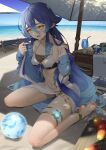  1girl anklet ball barefoot beach beach_umbrella bikini blue_hair book book_stack breasts commentary cup cupping_glass drinking_glass feet genshin_impact hair_between_eyes highres jacket jewelry layla_(genshin_impact) legs long_hair looking_at_viewer meda medium_breasts navel ocean off_shoulder open_clothes open_jacket open_mouth pointy_ears sarong sitting soles solo stomach sunsettia_(genshin_impact) swimsuit thighlet thighs toes umbrella very_long_hair vision_(genshin_impact) wariza water white_bikini yellow_eyes 