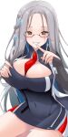  1girl azur_lane bare_shoulders between_breasts blue_cloak blush breasts cleavage cloak collarbone collared_dress dress glasses grey-framed_eyewear grey_hair hair_between_eyes hair_ornament highres large_breasts long_hair long_sleeves looking_at_viewer mikuchi3939 navel necktie necktie_between_breasts red_necktie ribbed_sleeves semi-rimless_eyewear shangri-la_(azur_lane) smile snowflake_hair_ornament snowflake_pin solo very_long_hair white_hair yellow_eyes 