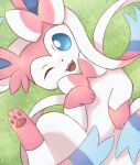  ambiguous_gender blue_sclera eeveelution feral generation_6_pokemon looking_at_viewer lying nintendo on_back on_ground one_eye_closed open_mouth pawpads pink_body pokemon pokemon_(species) quadruped rumine smile solo sylveon white_body white_eyes 
