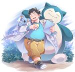  blue_shirt bush eye_mask facial_hair goatee grass highres holding holding_notebook holding_poke_ball keychain komala labcoat male_focus neroli_(pokemon) notebook osu(statatatatatata) plump poke_ball pokemon pokemon_sleep shirt smile snorlax thick_eyebrows walking 