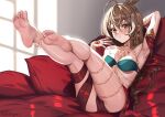  ahoge anklet armpits ass barefoot blush body_jewelry bra breasts brown_eyes brown_hair cameltoe cleavage crossed_bangs gem green_bra harem_outfit highres hololive hololive_english jewelry legs_up long_hair looking_at_viewer multicolored_hair nanashi_mumei on_bed pillow revealing_clothes ruby_suguri sidelocks skindentation soles streaked_hair thighs underwear very_long_hair virtual_youtuber 