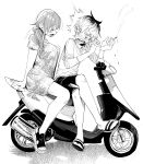  2girls absurdres androgynous breasts character_request cigarette closed_eyes commentary crossed_legs delinquent dress flat_chest greyscale highres holding holding_cigarette kimi_ni_aisarete_itakatta large_breasts monochrome moped motor_vehicle multiple_girls open_mouth shiori_(moechin) short_dress short_hair shorts sitting smoke surprised symbol-only_commentary 