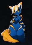  2023 4_fingers absurd_res anthro black_background blue_body blue_eyes blue_fur breasts digital_media_(artwork) e621 esix felid feline female fingers fur hair hi_res mammal mascot navel simple_background small_waist soda_uyu solo standing wide_hips yellow_sclera 