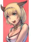  1girl :d animal_ear_fluff animal_ears avatar_(ff11) blonde_hair blue_eyes blue_hairband breasts cactus41747280 cat_ears cat_girl cleavage final_fantasy final_fantasy_xi hairband highres medium_breasts mithra_(ff11) multicolored_hairband open_mouth red_hairband short_hair smile solo teeth upper_body upper_teeth_only white_hairband 