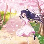  1girl black_footwear bow bush character_name cherry_blossoms date_a_live dress falling_petals grass hair_bow happy highres official_art open_mouth park petals pink_dress ponytail purple_eyes purple_hair road yatogami_tooka 