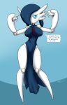  2023 anthro big_breasts blue_background blue_clothing blue_dress blue_eyes blue_hair blue_sclera breasts clothed clothing dialogue dress english_text female gardevoir generation_3_pokemon hair hair_over_eye hi_res joints machine motion_lines nintendo one_eye_obstructed open_mouth pokemon pokemon_(species) robot sandwich-anomaly seven_(sandwich-anomaly) shaking_hips simple_background solo standing text white_body 