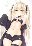  ahoge arm_up ass_visible_through_thighs bikini bikini_top_only black_coat black_shorts blonde_hair breasts brown_eyes choker coat highres long_hair navel off_shoulder open_clothes open_coat original ribbon short_shorts shorts sleeves_past_wrists small_breasts swimsuit thigh_gap thigh_strap thighs tomifumi twintails unzipped very_long_hair 