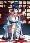  1girl alternate_costume arm_tattoo artist_name black_hair blood blood_on_clothes blood_on_face blood_on_weapon blue_kimono breasts cleavage dragon_tattoo frown hair_ornament hair_stick highres holding holding_weapon japanese_clothes katana kill_la_kill kimono kiryuuin_satsuki large_breasts leg_tattoo obi on_one_knee sandals sash serious sidelocks single_bare_shoulder solo suoiresnu sword tattoo weapon white_kimono 