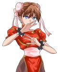 adapted_costume blue_eyes bracelet breasts bright_pupils brown_hair brown_pantyhose bun_cover china_dress chinese_clothes chun-li chun-li_(cosplay) cosplay double_bun dress earrings fighting_stance glasses hair_bun hair_ribbon hair_up hands_up highres jewelry light_smile mandarin_collar medium_breasts neon_genesis_evangelion pantyhose pelvic_curtain pink_ribbon pink_sash puffy_short_sleeves puffy_sleeves red_dress ribbon sash sasihmi short_sleeves side_slit simple_background smile souryuu_asuka_langley spiked_bracelet spikes standing street_fighter toggles white_background white_pupils 