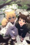 2boys :o aged_down amuro_tooru animal_ear_fluff animal_ears black_hair black_kimono black_pants blonde_hair blue_eyes blurry child closed_mouth crossed_bangs curious dark-skinned_male dark_skin day depth_of_field echo_(circa) facial_hair fox_boy fox_ears fox_tail from_above frown grey_eyes japanese_clothes kimono long_sleeves looking_at_viewer looking_up male_focus meitantei_conan multiple_boys outdoors pants pavement scotch_(meitantei_conan) short_hair side-by-side stubble tail walking white_kimono white_pants wide_sleeves zouri 
