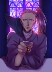  1boy cup history1357 holding holding_cup hunter_x_hunter long_hair long_sleeves looking_at_viewer male_focus no_eyebrows ponytail purple_hair shoot_mcmahon smile solo thick_lips window 