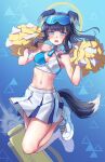  1girl animal_ears aqua_eyes black_hair blue_archive breasts character_name cheerleader cleavage commentary_request detached_collar dog_ears dog_girl dog_tail eyewear_on_head hair_between_eyes halo hibiki_(blue_archive) hibiki_(cheerleader)_(blue_archive) highres holding holding_pom_poms jumping long_hair looking_at_viewer navel official_alternate_costume pom_pom_(cheerleading) ponytail shirakawafel shoes sidelocks sleeveless sneakers solo stomach sunglasses tail 