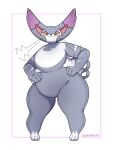  2020 3:4 anthro anthrofied belly biped domestic_cat felid feline felis female fluffy fluffy_tail full-length_portrait generation_4_pokemon grey_body hand_on_hip hi_res horsecat huge_hips lidded_eyes looking_at_viewer mammal markings multicolored_body nintendo nude overweight overweight_anthro overweight_female pokemon pokemon_(species) pokemorph portrait pose purugly signature simple_background smug solo standing tail thick_thighs two_tone_body whiskers white_background white_body wide_hips yellow_sclera 