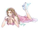  1girl aerith_gainsborough alternate_footwear bangle bare_shoulders bracelet braid braided_ponytail breasts brown_hair choker cleavage closed_mouth crossed_ankles dress eni_(yoyogieni) final_fantasy final_fantasy_vii final_fantasy_vii_remake full_body green_eyes hair_ribbon highres jewelry long_dress long_hair looking_at_viewer lying medium_breasts on_stomach own_hands_clasped own_hands_together parted_bangs pink_dress pink_ribbon ribbon ribbon_choker sidelocks single_braid sketch sleeveless sleeveless_dress smile solo strappy_heels white_background white_footwear 