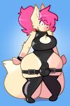  2019 2_tails absurd_res anthro big_bulge biped black_clothing breasts bulge canid canine clothing dogfluid fox fur fur_markings gloves_(marking) gynomorph hair hi_res intersex latex_clothing legwear mammal markings multi_tail multicolored_body multicolored_fur open_mouth pink_body pink_fur pink_hair smile solo stockings tail tan_body tan_ears tan_fur tan_tail thigh_belt two_tone_body two_tone_fur two_tone_tail white_body white_fur white_tail 