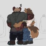  1:1 2023 alfonse_(higgsfigs) anthro bathroom bottomwear bottomwear_down brown_body brown_fur canid canine clothed clothing duo embrace fur furgonomics hi_res higgsfigs hyena kiba_(higgsfigs) male male/male mammal pants pants_down partially_clothed public_restroom rear_view red_body red_fur underwear urinal urinal_peeking 