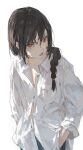  1girl black_hair button_gap chainsaw_man dino_(dinoartforame) hair_over_shoulder highres looking_at_viewer nayuta_(chainsaw_man) open_collar ringed_eyes shirt simple_background sleeves_rolled_up solo v-shaped_eyebrows white_shirt 
