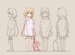  1girl barefoot blonde_hair blush brown_eyes closed_eyes commentary_request expressionless futaba_anzu grey_background idolmaster idolmaster_cinderella_girls long_hair looking_at_viewer low_twintails matsuo_yuusuke multiple_views shirt shorts simple_background sketch striped striped_shorts stuffed_animal stuffed_rabbit stuffed_toy t-shirt twintails 