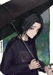  1boy alternate_costume black_eyes black_hair black_shirt ear_piercing feitan_portor highres holding holding_umbrella hunter_x_hunter jewelry looking_at_viewer male_focus nazo_meat obentowasureta parted_bangs piercing ring shirt short_hair solo umbrella 