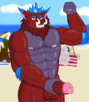  absurd_res anthro balls beach big_balls big_penis bodily_fluids bone clothing dragon_reany erection fangs fur genital_fluids genitals gnar_(lol) grin hair headgear headwear hi_res humanoid_genitalia humanoid_penis league_of_legends male mega_gnar_(lol) muscular muscular_male navel neck_tuft nipples nude penis posed pubes red_body red_fur riot_games seaside skull smile solo teeth tuft vein vein_penis yordle 