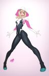  1girl blonde_hair blue_eyes bodysuit dated david_nakayama english_text gwen_stacy highres hood initial looking_at_viewer marvel simple_background spider-gwen spider-man_(series) 