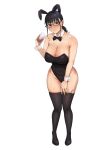  1girl a_mezashi animal_ears black_eyes black_hair blush bow bowtie breasts cleavage cup detached_collar glasses large_breasts original playboy_bunny rabbit_ears sex_toy solo thighhighs thighs vibrator vibrator_in_thighhighs wide_hips wrist_cuffs 