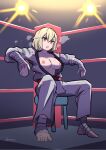  1girl amazu_(kurozu) blonde_hair blood blood_on_clothes blood_on_face boxing_ring breasts breasts_out collarbone commentary commission dougi english_commentary eyebrows_hidden_by_hair foot_wraps full_body hair_between_eyes hand_wraps heavy_breathing highres karate_gi medium_breasts nipples original red_eyes signature sitting solo spotlight stool thick_eyebrows 