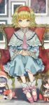  1girl alice_margatroid armchair ascot ballet_slippers blonde_hair blue_dress blue_eyes bow capelet chair doll doremy_sweet dress frilled_ascot frilled_dress frills full_body hairband highres imaizumi_kagerou lace-trimmed_capelet lace_trim light_smile long_sleeves looking_at_viewer on_chair painting_(object) pink_ascot pink_bow pink_footwear red_hairband sano_naoi short_hair sitting solo straight-on touhou white_capelet 