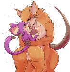 anthro anus areola big_breasts blush bodily_fluids breasts butt censored cottontail duo evolution_(transformation) female french_kissing fur generation_1_pokemon genital_fluids genitals hi_res kissing mammal nintendo nipples nude pokemon pokemon_(species) pussy raticate rattata rodent simple_background teeth tongue transformation white_background 