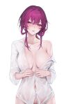  1girl absurdres breasts breasts_apart collarbone covered_nipples drop_earrings earrings hair_between_eyes highres honkai:_star_rail honkai_(series) jewelry kafka_(honkai:_star_rail) large_breasts light_blush long_hair looking_at_viewer naked_shirt navel off_shoulder open_mouth out-of-frame_censoring partially_unbuttoned pearl_earrings purple_eyes purple_hair shirt shirt_slip simple_background single_earring solo unbuttoning undressing upper_body wet wet_clothes wet_shirt white_background white_shirt yamiiv 