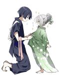  1boy 1girl adjusting_another&#039;s_clothes black_hair child dressing dressing_another female_child genshin_impact gradient_hair green_eyes green_hair grey_hair hair_between_eyes highres hirarinoie japanese_clothes kimono multicolored_hair nahida_(genshin_impact) pointy_ears scaramouche_(genshin_impact) simple_background wanderer_(genshin_impact) white_background white_hair 
