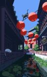  architecture artist_name black_cat blue_sky bridge building cat east_asian_architecture hby_stuff highres lantern lily_pad making-of_available no_humans original outdoors paper_lantern pixel_art ripples scenery sky tree white_cat 