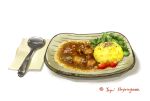  artist_name curry food food_focus hayasegawayayoi highres napkin no_humans original plate shadow simple_background spoon still_life vegetable white_background 