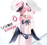  1girl :t anger_vein bikini black_bikini black_bow black_wings blue_archive blush bow breasts character_name closed_mouth collarbone commentary cowboy_shot feathered_wings floral_print front-tie_bikini_top front-tie_top hair_bow halo head_wings highres hishiki_(pixi14719710) koharu_(blue_archive) koharu_(swimsuit)_(blue_archive) long_hair low_twintails low_wings navel official_alternate_costume pink_eyes pink_hair pink_halo print_bikini small_breasts spaghetti_strap swimsuit tearing_up tears twintails wavy_mouth white_background wings zoom_layer 