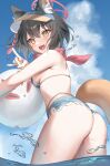  1girl absurdres animal_ears ass ball beachball bikini blue_archive blue_sky breasts cloud commentary_request day fang fox_ears fox_girl fox_shadow_puppet fox_tail halo highres holding holding_ball holding_beachball izuna_(blue_archive) izuna_(swimsuit)_(blue_archive) looking_at_viewer medium_breasts ocean official_alternate_costume open_mouth oshage_(osyage921) outdoors partially_submerged red_halo skin_fang sky solo striped striped_bikini swimsuit tail visor_cap yellow_eyes 