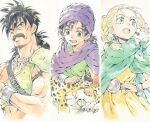  agahari bianca_(dq5) black_hair blonde_hair borongo cape dragon_quest dragon_quest_v earrings facial_hair father_and_son female_child hero_(dq5) jewelry male_child mustache necklace papas purple_cape short_twintails tooth_necklace turban twintails 