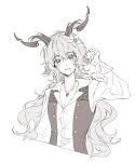  1boy animal_ears arknights arm_up blush collarbone collared_shirt dress_shirt flower greyscale hair_between_eyes hair_flower hair_ornament head_tilt highres horns kreide_(arknights) long_hair long_sleeves looking_at_viewer male_focus monochrome open_clothes open_vest rio_(rio773) shirt simple_background solo upper_body very_long_hair vest white_background 
