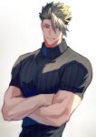  1boy absurdres achilles_(fate) black_shirt brown_eyes crossed_arms eyebrows_hidden_by_hair fate/apocrypha fate_(series) green_hair haruakira highres looking_at_viewer male_focus muscular muscular_male ribbed_shirt shirt short_hair short_sleeves simple_background solo undercut white_background yellow_eyes 