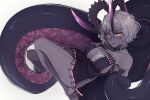  13addendum 1girl bare_shoulders black_dress breasts choker cleavage collarbone colored_skin dress fate/grand_order fate_(series) glasses grey_hair grey_skin highres horns jacques_de_molay_(foreigner)_(fate) jacques_de_molay_(foreigner)_(third_ascension)_(fate) large_breasts looking_at_viewer short_dress short_hair solo tentacles thighs yellow_eyes 