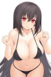  1girl asamura_hiori bikini black_bikini black_hair breasts cleavage clenched_hands closed_mouth collarbone commentary_request hair_ornament highres large_breasts long_hair looking_at_viewer navel original red_eyes sidelocks simple_background skindentation smile standing swimsuit very_long_hair white_background 