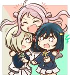  3girls ^^^ ahoge black_hair blonde_hair check_source chibi fang hair_over_one_eye highres hug long_hair love_live! love_live!_nijigasaki_high_school_idol_club medium_hair mia_taylor mifune_shioriko multicolored_background multiple_girls nijigasaki_academy_school_uniform notice_lines o_o open_mouth pink_hair r3birth_(love_live!) school_uniform short_hair source_request surprised sweatdrop two_side_up winter_uniform zhong_lanzhu zyagazyaga117 