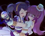  2girls :d aura black_background blue_dress blue_headwear blunt_bangs blush closed_eyes constricted_pupils dark_aura despair dress facing_another fur_collar galala_s_leep gloves haepali hanazono_shuuka hand_on_another&#039;s_back hat headphones holding holding_microphone idol_time_pripara long_hair microphone mini_hat mini_top_hat multiple_girls open_mouth outstretched_arm ponytail pretty_(series) pripara purple_eyes purple_gloves shaded_face smile top_hat twintails white_dress white_gloves white_headwear 