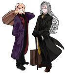  2boys absurdres black_footwear blonde_hair brown_footwear cane closed_eyes cosplay edward_elric edward_elric_(cosplay) english_commentary full_body glasses grey_hair grin hair_between_eyes highres holding holding_suitcase holostars holostars_english koizumi_arata long_hair magni_dezmond male_focus mole mole_under_mouth multiple_boys necktie noir_vesper pants pointy_ears short_hair simple_background smile spiked_ear_piercing standing suit suitcase virtual_youtuber white_background yellow_necktie 