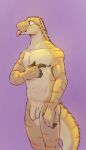  anthro balls biceps casual_nudity flaccid foreskin gecko genitals hi_res humanoid_genitalia humanoid_hands humanoid_penis lizard male nude oriont pecs penis reptile scalie simple_background solo tail tongue tongue_out 