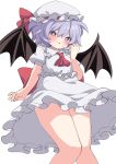  1girl :p absurdres ascot bat_wings blush bright_pupils closed_mouth commentary_request frilled_shirt frilled_skirt frills hat hat_ribbon highres legs looking_at_viewer mob_cap purple_hair red_ascot red_eyes red_ribbon remilia_scarlet ribbon shirt short_hair short_sleeves simple_background skirt solo tongue tongue_out touhou tsukimirin white_background white_headwear white_pupils wings 