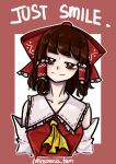  1girl absurdres artist_name bags_under_eyes blunt_bangs border detached_sleeves english_text hair_ribbon hakurei_reimu highres looking_at_viewer medium_hair red_border red_ribbon ribbon sleeveless smile solo tem_(insomnia_tem) touhou twitter_username upper_body white_background 