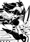  2girls blunt_bangs bow closed_mouth dog full_body greyscale grin hair_bow holding holding_stuffed_toy holding_weapon katana long_hair looking_at_viewer monochrome multiple_girls panty_&amp;_stocking_with_garterbelt panty_(psg) shoes smile standing stocking_(psg) stuffed_toy sword teeth thighhighs weapon yuuki_(irodo_rhythm) 